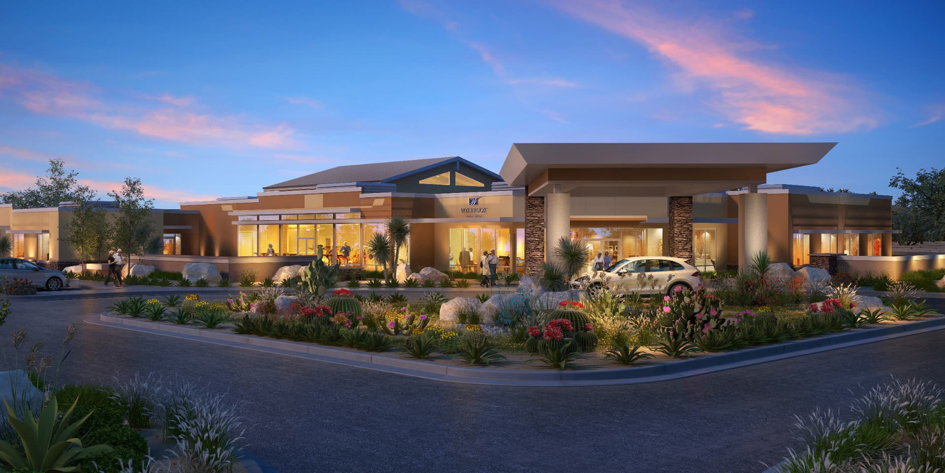 Senior living community entrance at dusk